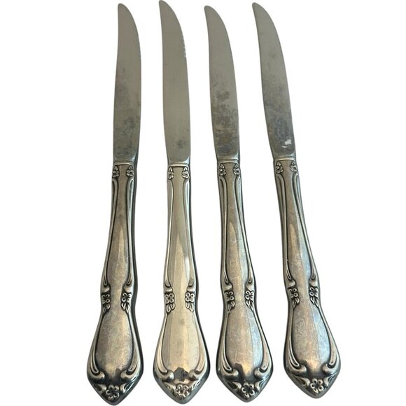 Oneidacraft Deluxe Stainless Flatware Set Chateau Floral 4 Steak Meat Knives - Picture 1 of 7